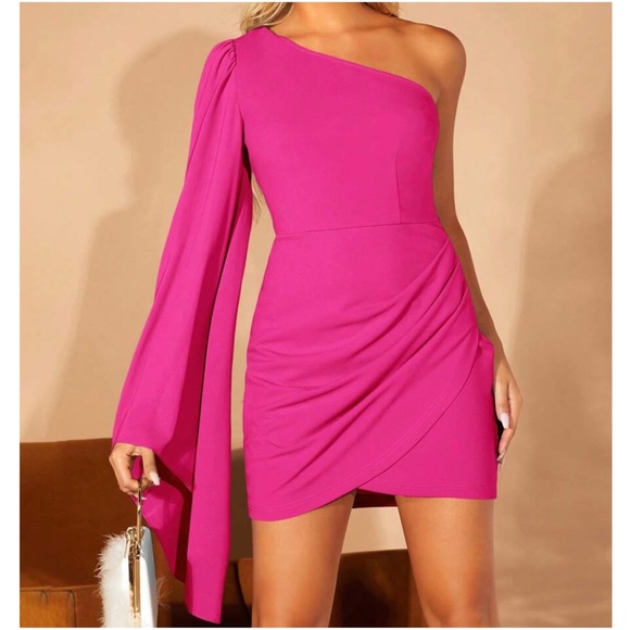 Luxe Hot Pink One Shoulder Flare Sleeve Mini Dress - Picture 2 of 9